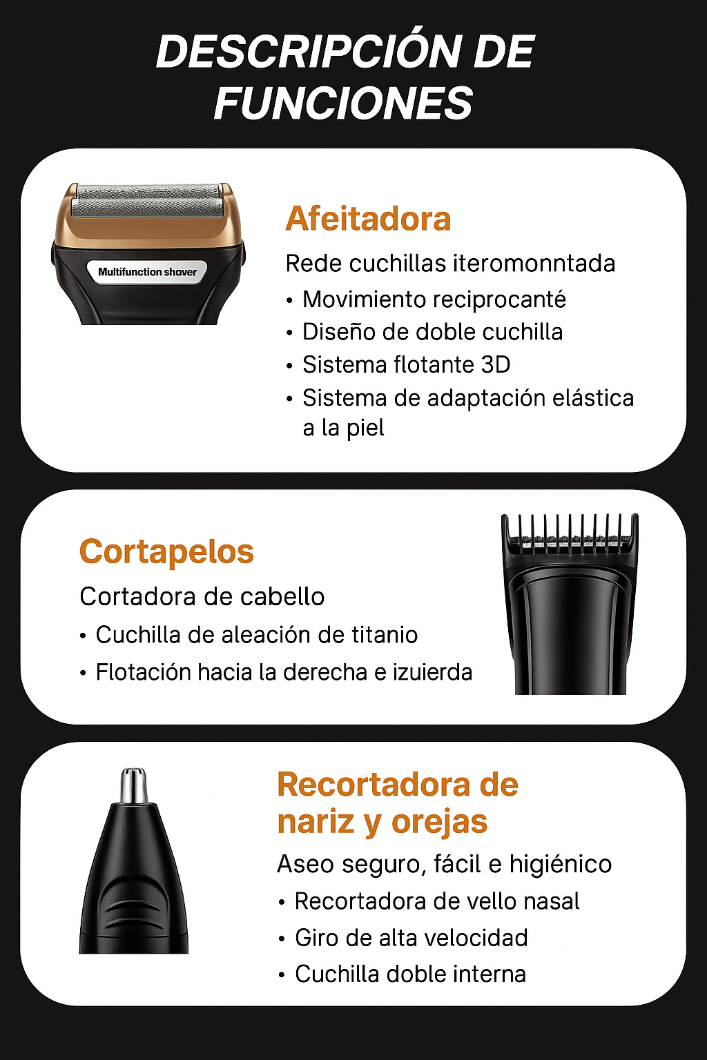 Afeitadora 3 en 1 Recargable – Precisión y Estilo
