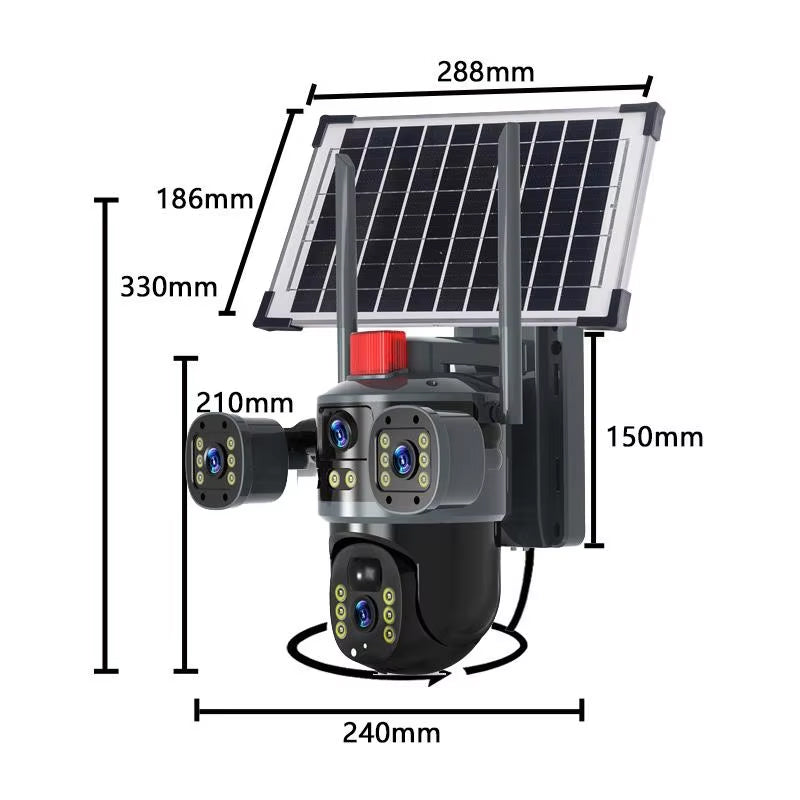 Cámara de Seguridad Solar 360° WiFi 8MP Triple Lente – Visión Nocturna a Color + Audio Bidireccional