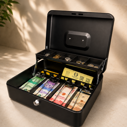 Caja Menor Metálica de Seguridad con Llave – 4 Compartimentos para Billetes + 5 para Monedas (Bandeja Desplegable)
