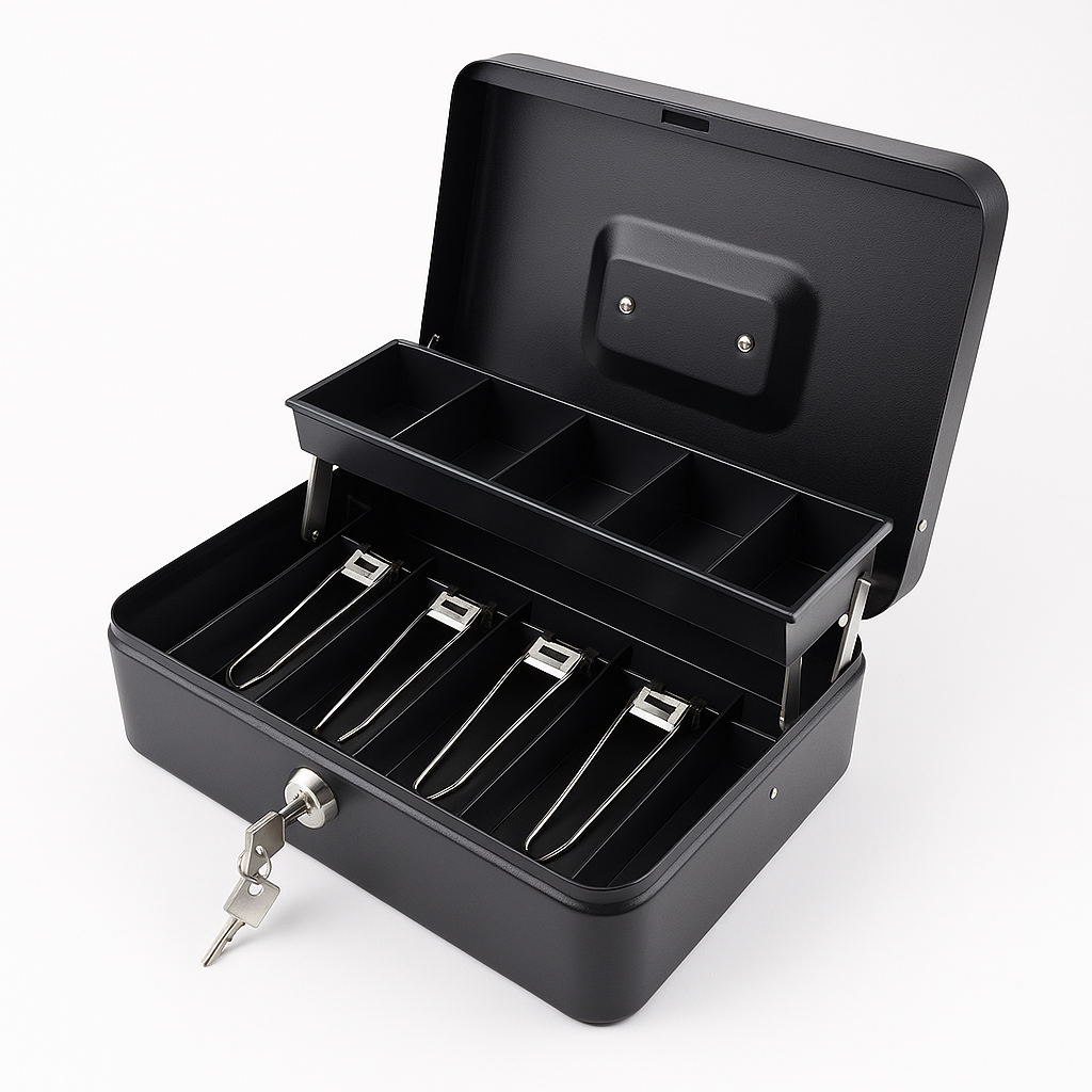 Caja Registradora Metálica con Llave | 4 Compartimentos para Billetes + 5 para Monedas