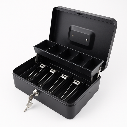 Caja Registradora Metálica con Llave | 4 Compartimentos para Billetes + 5 para Monedas