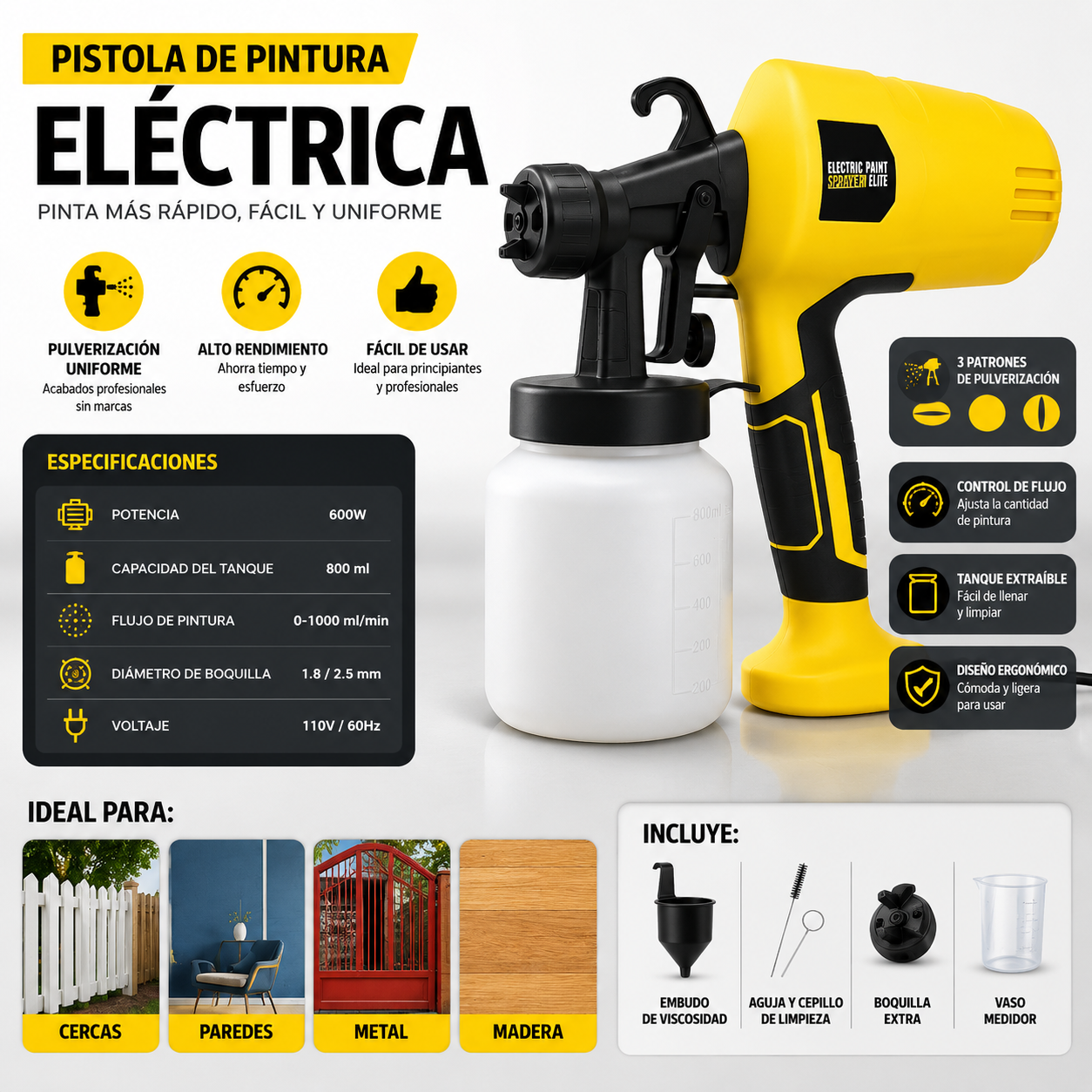 Pistola de Pintura Eléctrica 800ml – Pinta Parejo en la Mitad del Tiempo