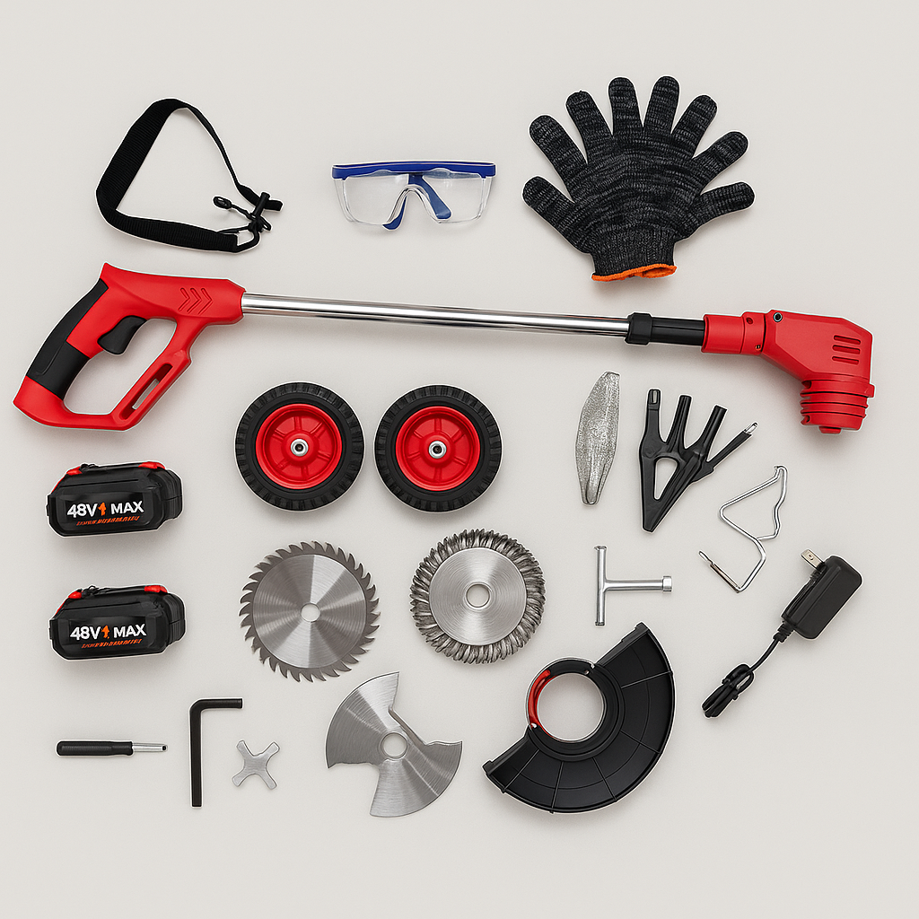 Guadaña Eléctrica Multifunción 800W con 2 Baterías 48V | Kit Completo 8 Accesorios + Ruedas | Corta Césped y Arbustos