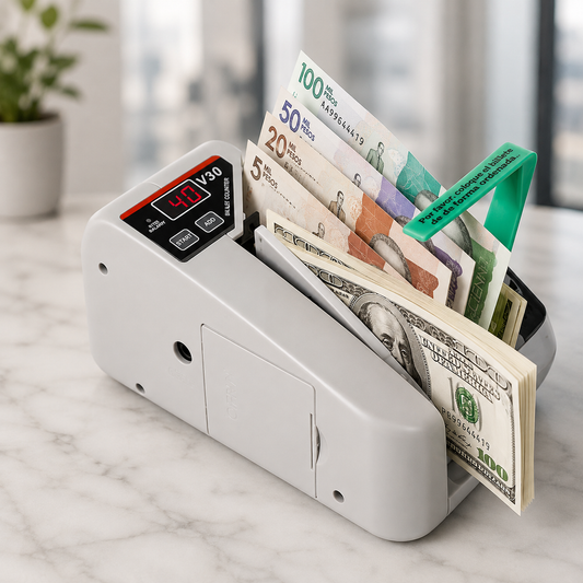 Contadora de Billetes Portátil V30 – Uso a Pilas y Cobro en Ruta (+ Estuche)