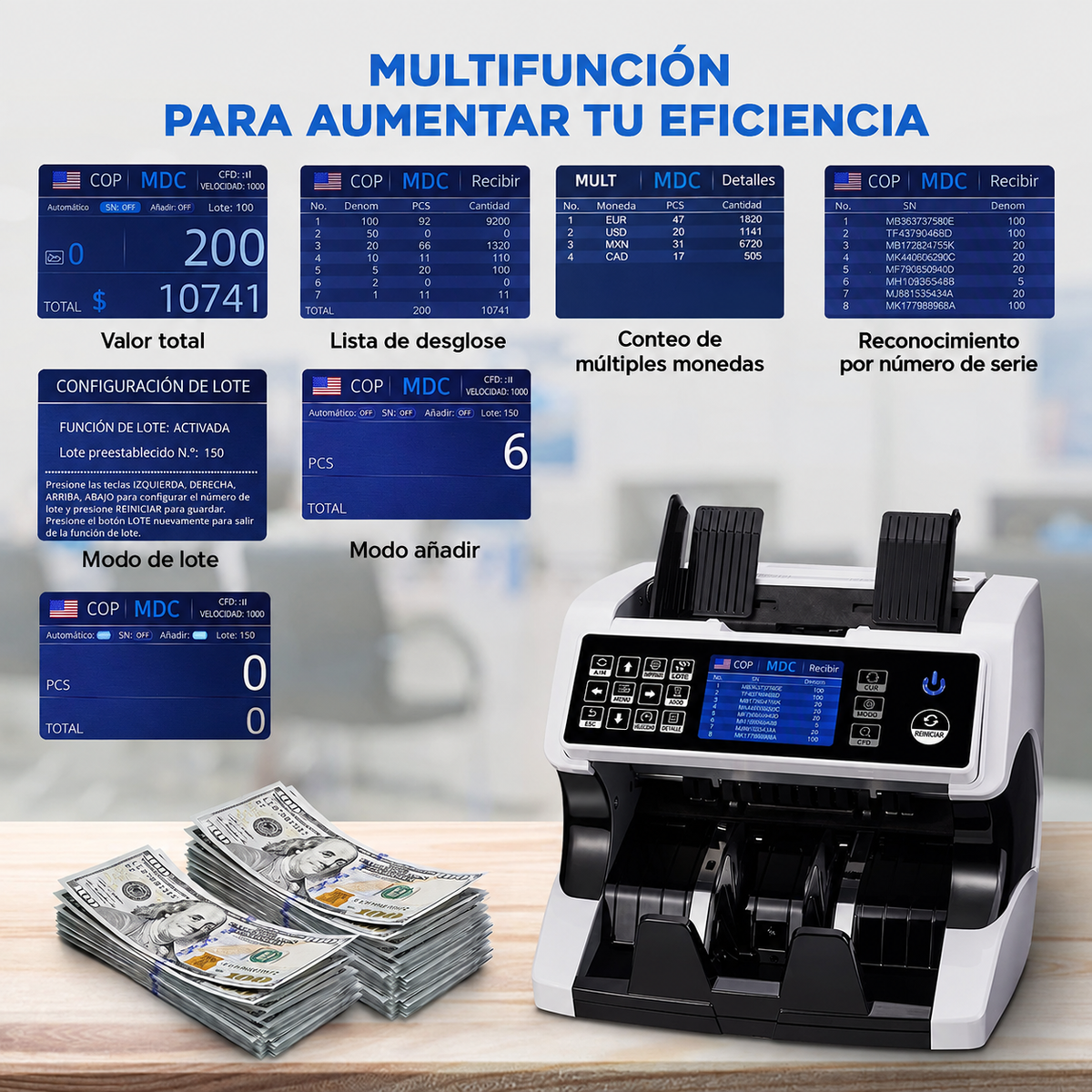 Contadora Liquidadora AL-220 Touch-Panel HD – Billetes Mezclados ($) + Seriales en Pantalla