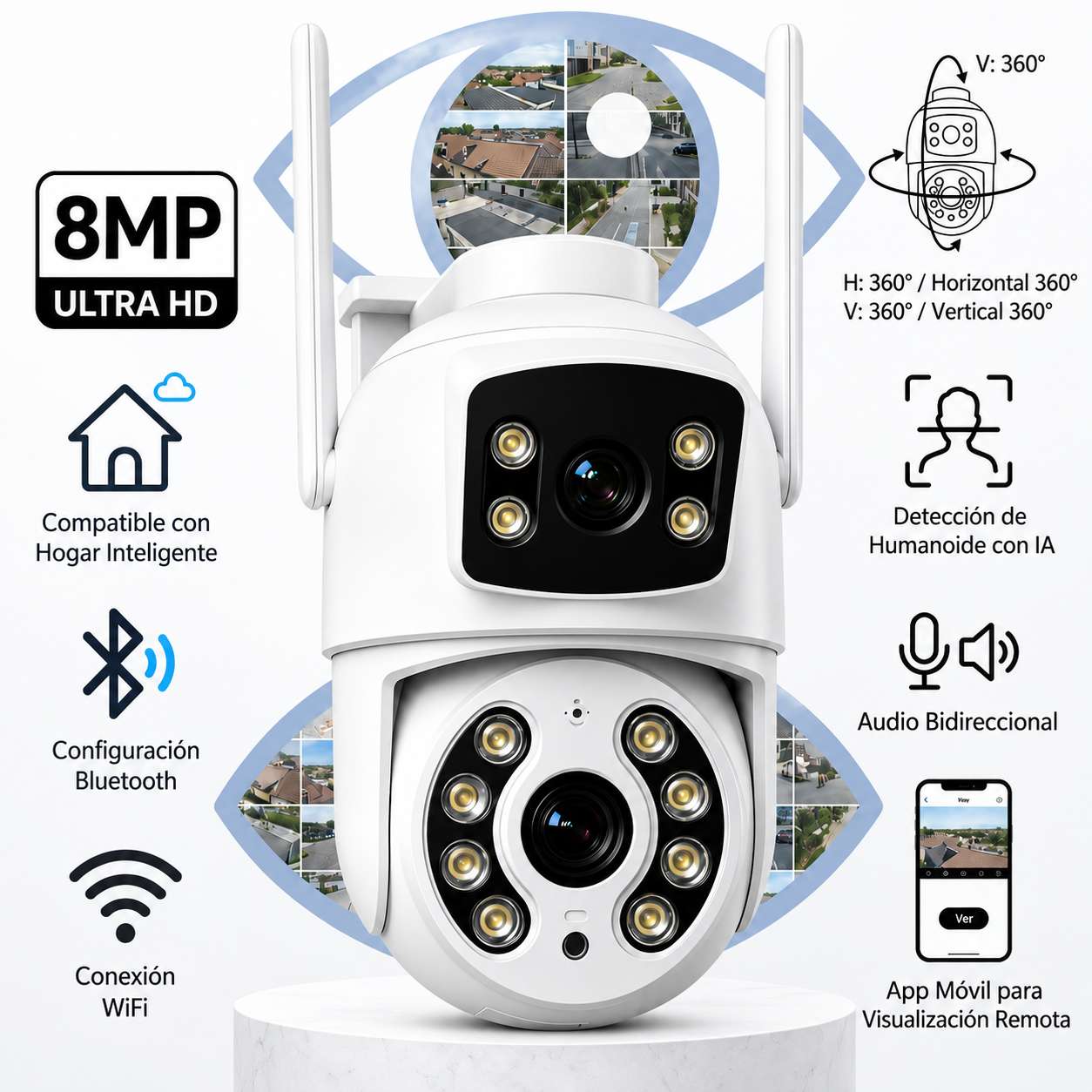 Cámara de Seguridad Inteligente 2 Lentes – Detecta Movimiento y te Avisa al Celular