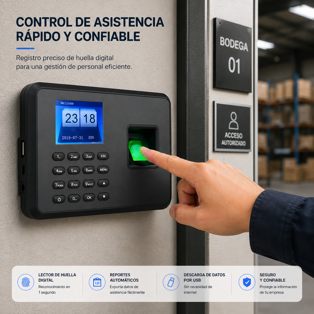 Tablero Biométrico de Huella Digital A7 — Control de Asistencia de Personal