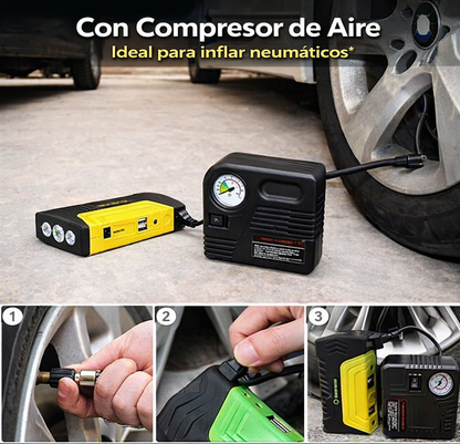 Arrancador de Batería 16800mAh con Compresor de Aire – Power Bank para Auto + Emergencias