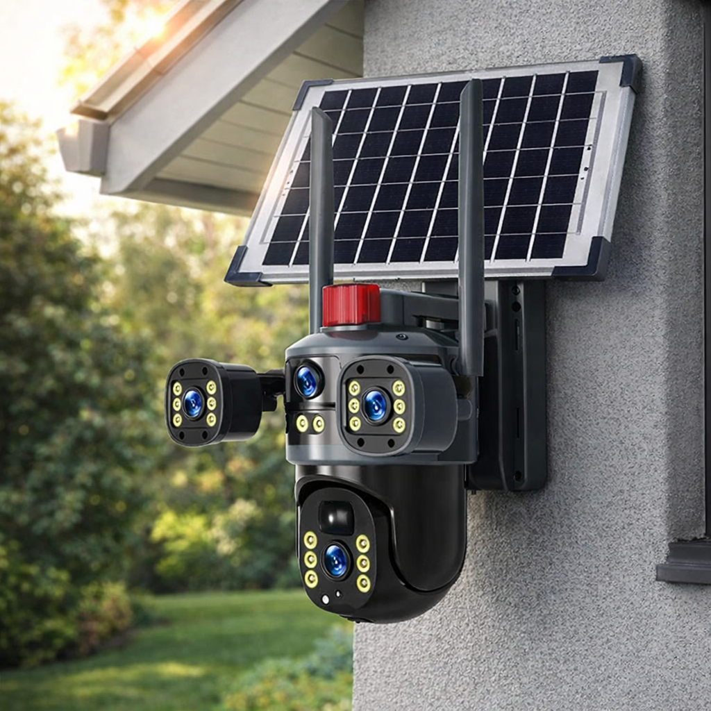 Cámara de Seguridad Solar 360° WiFi 8MP Triple Lente – Visión Nocturna a Color + Audio Bidireccional