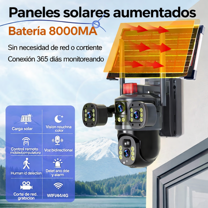 Cámara de Seguridad Solar 360° WiFi 8MP Triple Lente – Visión Nocturna a Color + Audio Bidireccional