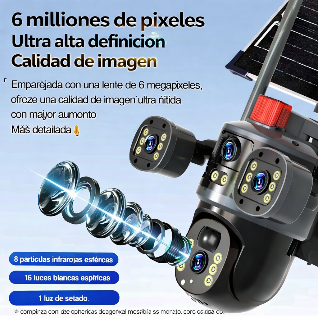 Cámara de Seguridad Solar 360° WiFi 8MP Triple Lente – Visión Nocturna a Color + Audio Bidireccional