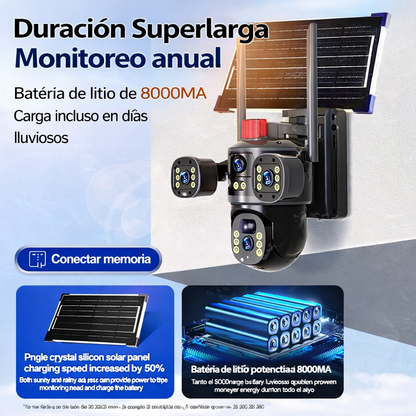 Cámara de Seguridad Solar 360° WiFi 8MP Triple Lente – Visión Nocturna a Color + Audio Bidireccional