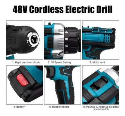 Taladro Inalámbrico Profesional 48V con 2 Baterías | Kit Completo 30+ Accesorios en Maletín | Atornillador Percutor