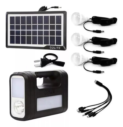 Kit Panel Solar con 3 Bombillos, Batería, Linterna y Cargador para Celulares