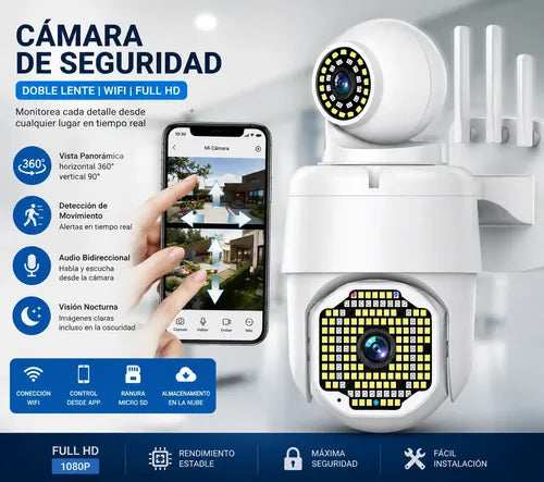 Cámara WiFi 2 en 1 con Giro 360° en Ambos Lentes – Cero Puntos Ciegos