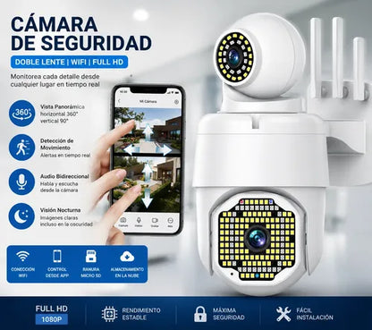 Cámara WiFi 2 en 1 con Giro 360° en Ambos Lentes – Cero Puntos Ciegos
