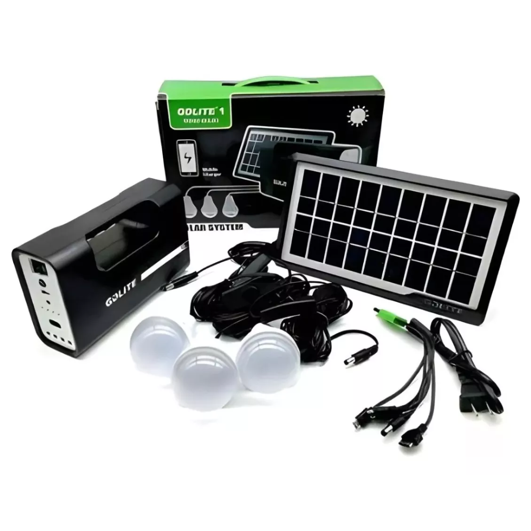 Kit Panel Solar con 3 Bombillos, Batería, Linterna y Cargador para Celulares