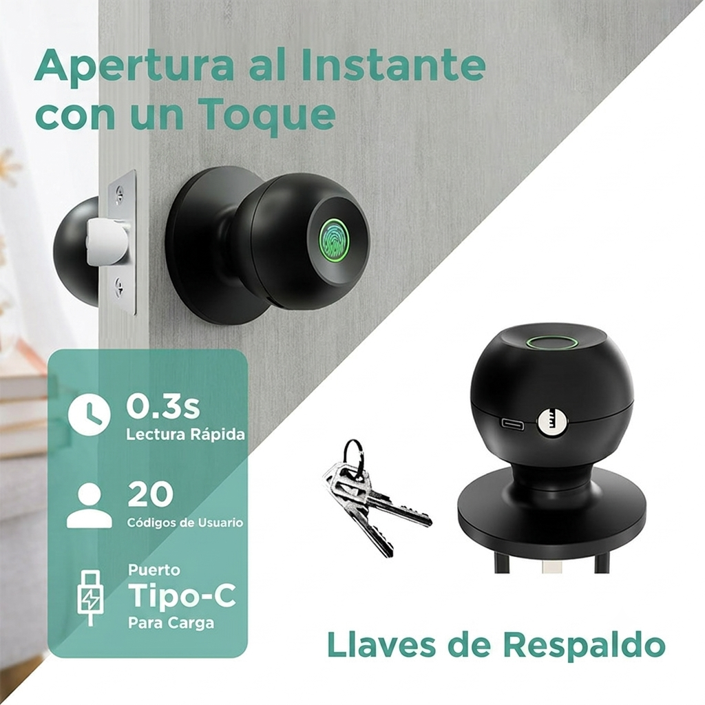 Cerradura Inteligente Tipo Perilla SL-02 — Huella Digital, Bluetooth y Contraseña