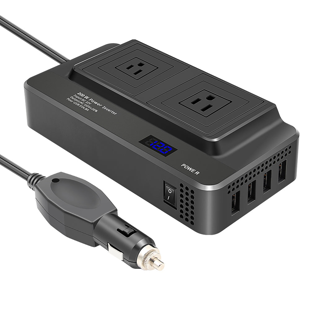 Inversor de Corriente para Carro 200W – Multitoma con 3 Salidas AC y 4 Puertos USB