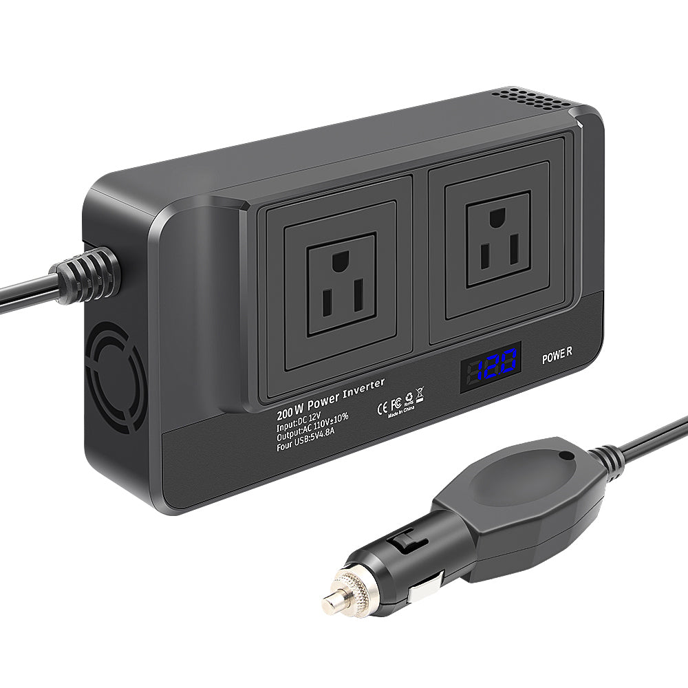 Inversor de Corriente para Carro 200W – Multitoma con 3 Salidas AC y 4 Puertos USB